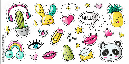 Colorful doodle stickers featuring cute animals plants and playful objects