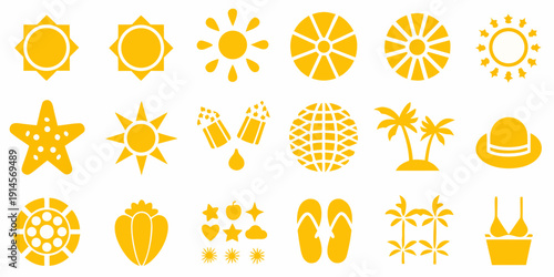Collection of vibrant yellow summer icons and tropical themed illustrations
