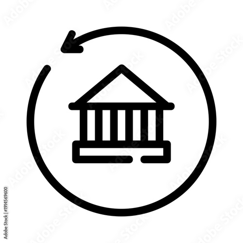 Bank symbol with circular financial arrow. Suitable for finance industries, banking services, technology concepts, and financial planning websites or presentations.
