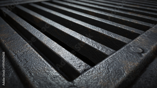 A close-up shot of a textured metal grate, showcasing the intricate industrial design and sturdy construction