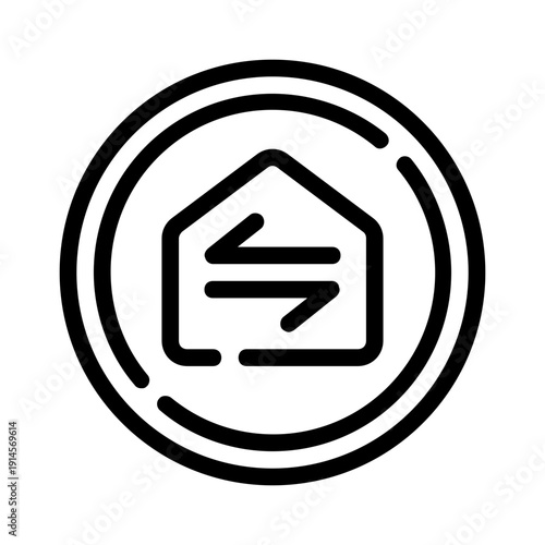 Transaction line drawing of a home with arrows inside a circle. Suitable for real estate marketing materials and home renovation websites.
