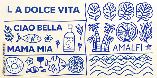 Stylized illustration featuring italian phrases and coastal themed doodles