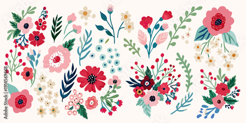 A colorful hand painted floral arrangement with various blooms and leaves