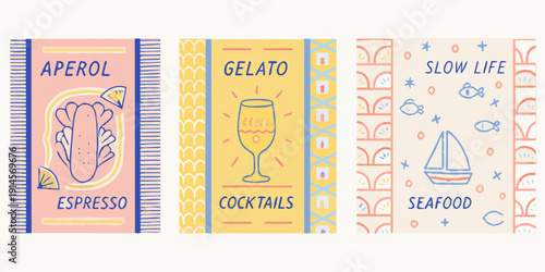 Three colorful illustrated panels depict italian summer themes aperol gelato and seafood