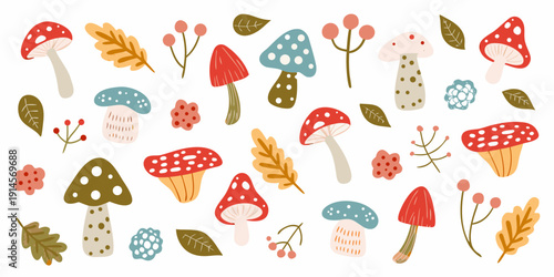 Colorful assortment of illustrated mushrooms leaves and berries on white