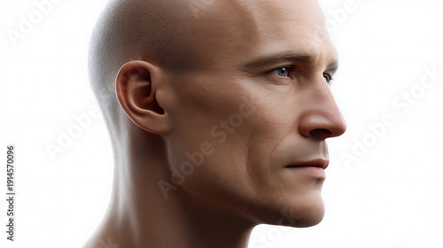 A close-up profile portrait of a man, showcasing his bald head and serious expression