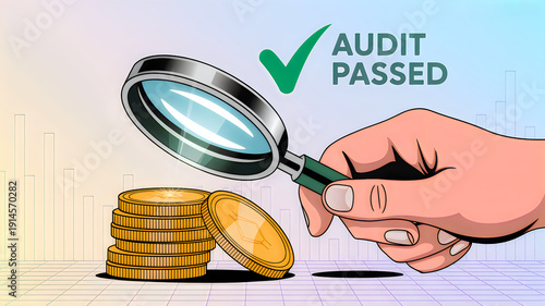 Auditor successfully verifies financial records with a magnifying glass over gold coins.