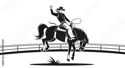 Cowboy riding a bucking bronco horse in a rodeo arena.