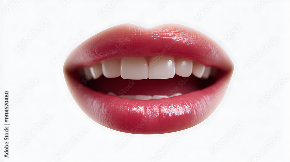 Obraz premium A close-up shot of a pair of glossy red lips with white teeth, highlighting a smile