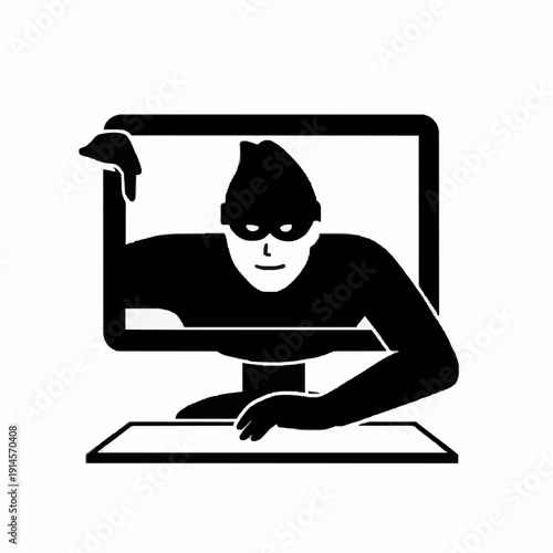 Cybercrime Icon: Hacker Emerging From Computer Screen