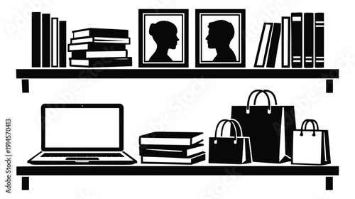 Silhouette shelf items set featuring books, a laptop, shopping bags, and framed profiles for home and office