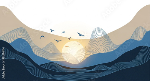 Serene Mountain Landscape at Sunrise with Flying Birds.