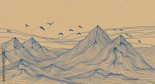 Abstract mountain range with birds flying overhead.