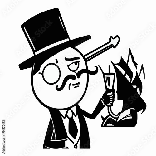 Cartoon Gentleman Trying to Fix Burning Ship with Plug