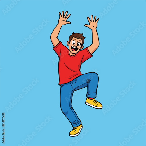 Cheerful man jumping in air with arms raised in excitement