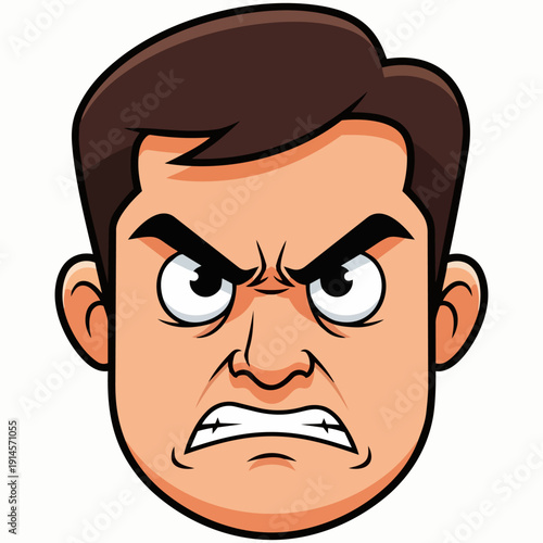 A cartoon man with an angry expression, furrowed brow, and aggressive stare, front view illustration