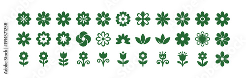 A series of design elements influenced by flowers.  Incorporating abstract shapes, geometric icons, and classic floral patterns.  Showcasing minimal symbols and entertaining decorative figures.