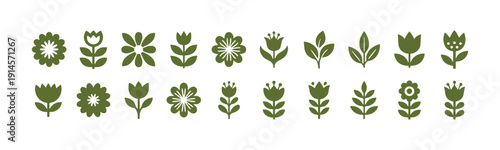 A variety of design elements inspired by floral themes.  Including abstract shapes, geometric icons, and retro flower patterns.  Highlighting minimal symbols and fun decorative figures. Vector