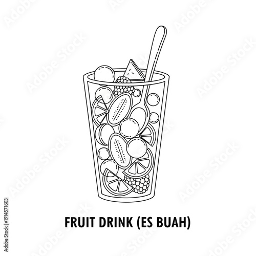 A refreshing fruit drink, known as Es Buah, served in a tall glass with various fruits and a spoon, perfect for a cool beverage illustration