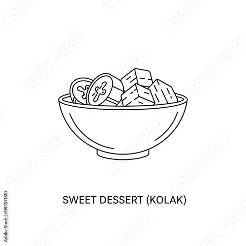 Monochrome line art illustration of a classic sweet dessert, showcasing sliced bananas and cubed root vegetables served in a bowl, representing comforting and traditional culinary treats
