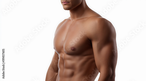 A man's upper body reveals sculpted torso and abdominal muscles. A physique demonstrating fitness and wellness