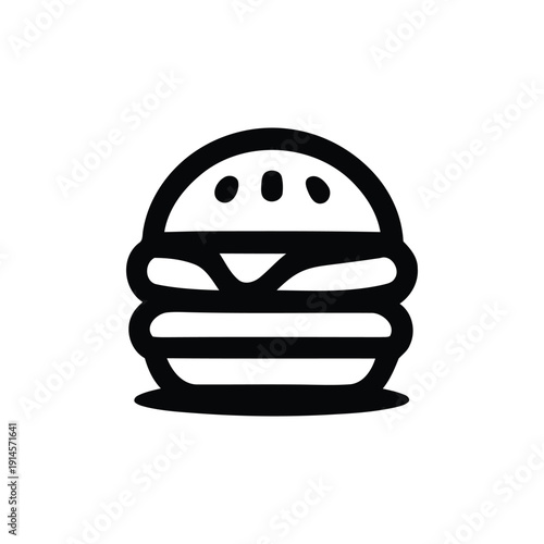 Simple black and white illustration of a stylized hamburger with sesame seed bun