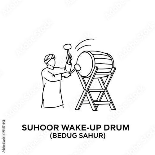 Traditional cultural illustration featuring a person playing a large drum to announce the pre-dawn suhoor meal during the holy month of Ramadan, a significant wake-up call for fasting