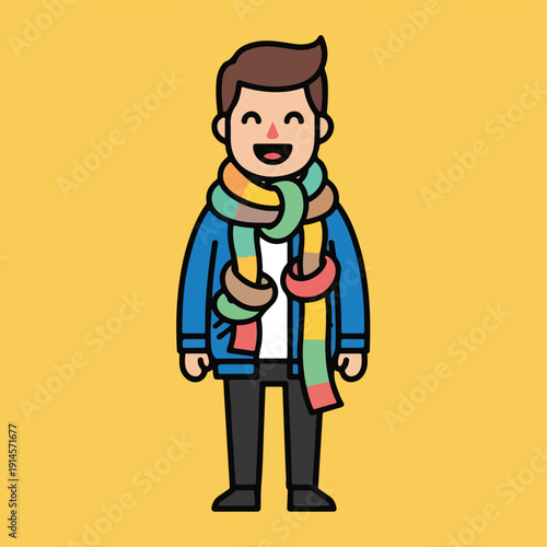 Cartoon man wearing colorful scarf and blue jacket standing alone