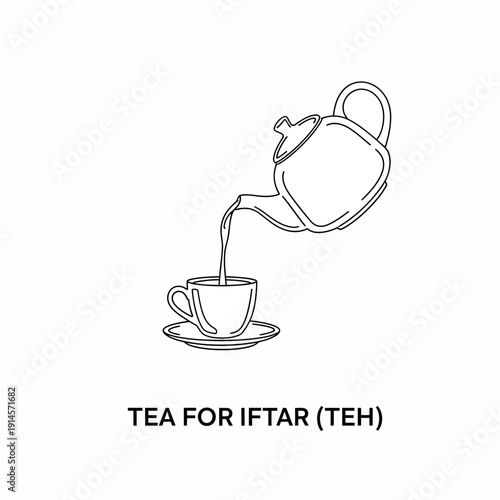 Iftar Tea Time Illustration Pouring Tea from a Teapot into a Cup with Saucer, a Simple Line Art Depicting a Traditional Islamic Meal Moment