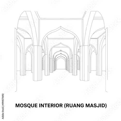 Interior perspective of a grand mosque with arched ceilings and columns creating a sense of depth and symmetry, architectural line drawing