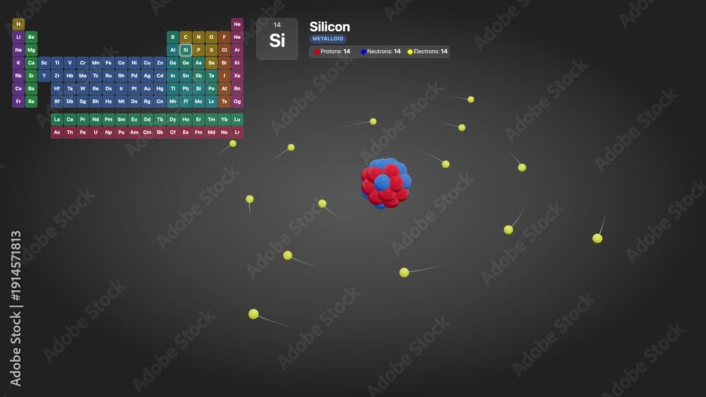 Vidéo Stock 3D Animated Silicon Atom Model with Orbiting Electrons and ...