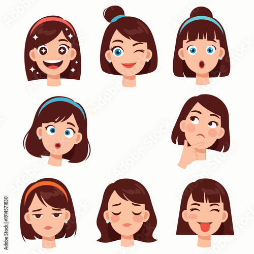 Collection of cartoon woman's facial expressions showcasing various emotional states in a grid layout