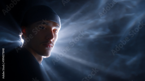 A man is illuminated by bright lights, and gazes into the distance. This person wears a head covering and casts a gaze of deep introspection