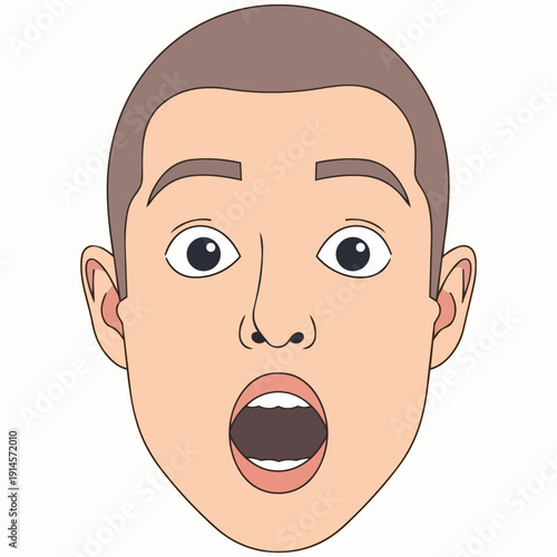 A cartoon man with a shocked expression looking directly at the viewer with a surprised face and wide eyes
