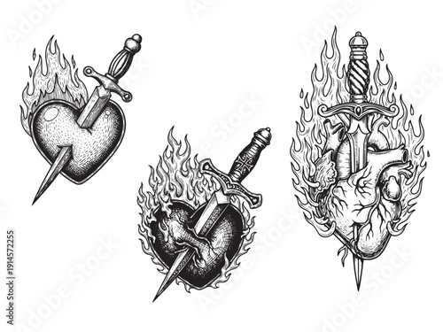 Burning heart dagger engraving tattoo art