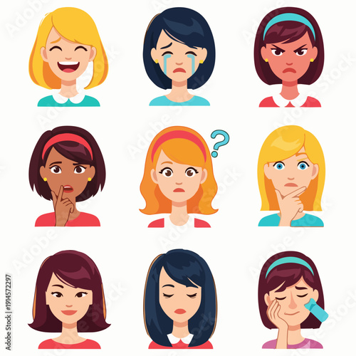 Illustration of diverse women's facial expressions showcasing various emotions and reactions in a grid layout