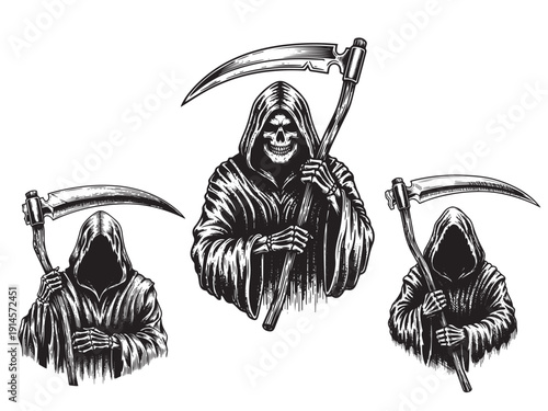 Grim reaper scythe engraving illustration dark mythology