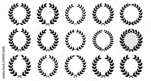 A collection of fifteen distinct black laurel wreath vector icons representing victory, achievement, and classic heraldic award emblems displayed uniformly.