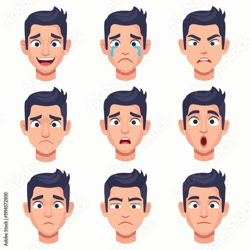 A cartoon male character displays various emotional expressions in a grid of nine illustrations from a frontal viewpoint