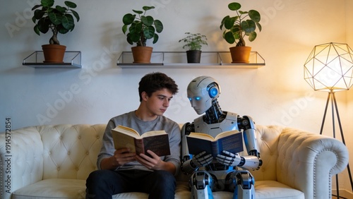 Young man and robot reading on couch