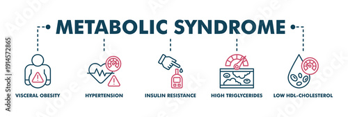 Symptoms of Metabolic Syndrome banner web icon vector illustration concept with an icon of Hypertension, Insulin Resistance, High Triglycerides, Low HDL-Cholesterol, Visceral Obesity