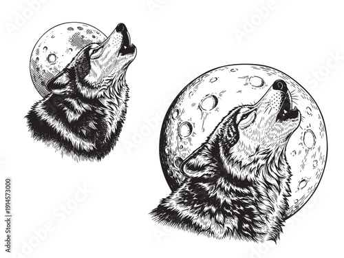 Wolf howling moon engraving illustration wilderness symbol
