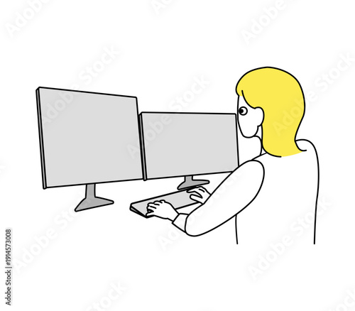 白い背景とデュアルモニターで業務対応する女性の後ろ姿_ビジネスウーマン