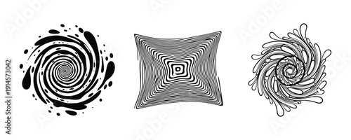Three different decorative vortex shapes with spiral and wave patterns in vector