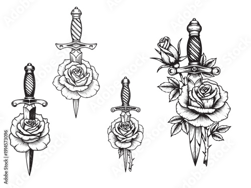 Traditional dagger through rose engraving tattoo design