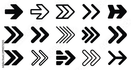 A comprehensive collection of black right-pointing directional arrows featuring various solid, outline, and fast-forward style icons for navigation.