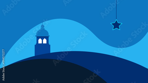 A peaceful and spiritual Minimalist Vector Illustration capturing the serene beauty of a mosque minaret at night with a hanging star ornament