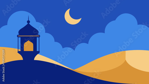 Calm and Peaceful Flat Illustration of a Ramadan Lantern and Crescent Moon Night Sky