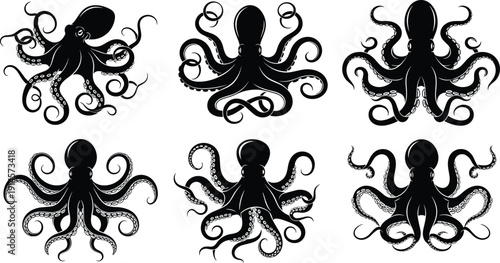 Black octopus silhouette collection featuring various kraken designs with winding tentacles isolated on white background for nautical sea monster and marine design