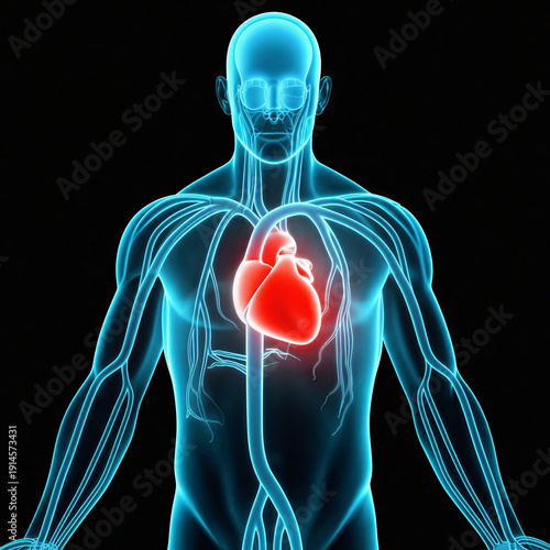Vibrant 3D rendering showcasing the intricate human circulatory system with a prominently glowing red heart, symbolizing life, health, and medical science, vital for understanding anatomy